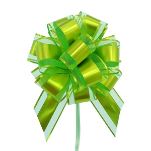Detail view of a green matte and sheer organza pull bow ribbon for gift packaging