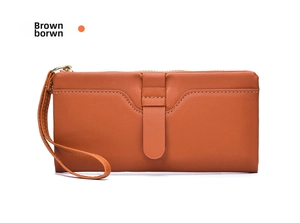 Women's long wallet purse detail view showing sleek brown leather and multi-card capacity.