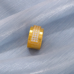Macro view of wide 18k gold plated stainless steel ring with four rows of inlaid crystals