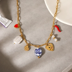 Golden Stainless Steel Necklace Multi Charm Heart Artificial Pearl Shell Ceramic Chili Pepper Elegant Fashion Jewelry For Women