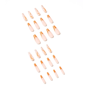 24-piece long coffin press-on nails with orange wave patterns and gold glitter