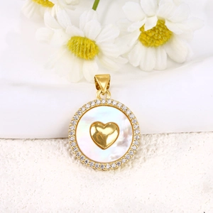 Macro view of gold-plated shell heart pendant with micro-inlaid zircon and delicate detail