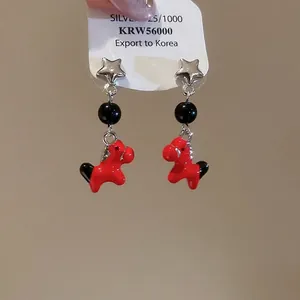 Cute S925 silver star earrings with red pony and black bead pendants in Korean style