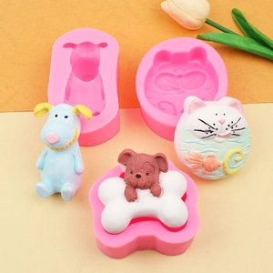DIY silicone mold for soap and fondant featuring cartoon dog, cat and goldfish designs