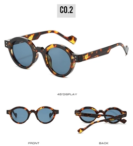 Detailed multi-angle views of retro round tortoiseshell sunglasses with light blue lenses