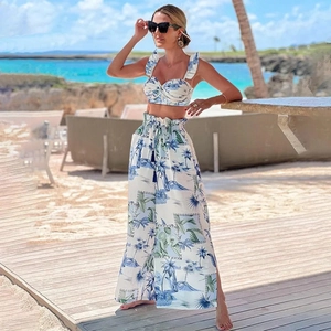 Tropical Print Swimsuit With Ruffled Strap Top High Waist Bottom And Flowy Wide Leg Pants For Women Beach Vacation