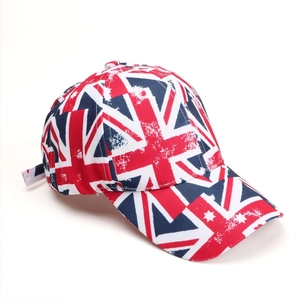Detailed close-up of distressed Union Jack and star print on a classic baseball cap