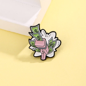 Kreative Emaille-Geldpistole Brosche mit grünen Dollarscheinen und rosa Design im Pop-Art-Stil