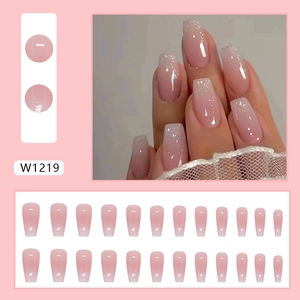 Pink gradient glitter ballet press-on nails set with long trapezoid shape W1219