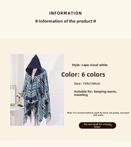 Detail of blue geometric knit poncho with fringe edges and hood, sized 159x140cm