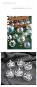 Detail of transparent Christmas ornaments with white snowflake and tree patterns