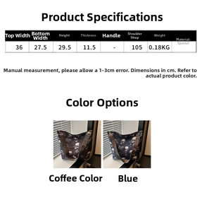 Detailed size chart for nylon bucket bag showing dimensions 36x29.5cm in blue and brown