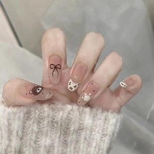 Press On Nails Long Oval French Leopard Print Polka Dot Cute Bear Bow Design False Nails Sweet Style Women Manicure Decor