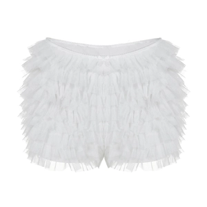 Eleganti pantaloncini in tulle bianco a strati con fiocco decorativo per intimo chic da donna