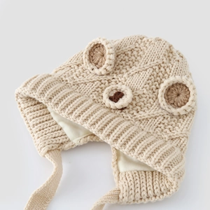 Beige knit bear ear winter hat for children with ear flaps and warm lining