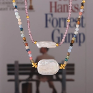 Chic freshwater pearl and colorful gemstone necklace with 18k gold plated steel chain