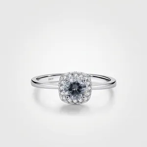925 Sterling Silver Ring With Gray Moissanite And Cubic Zirconia Round Halo Design Vintage Jewelry For Women