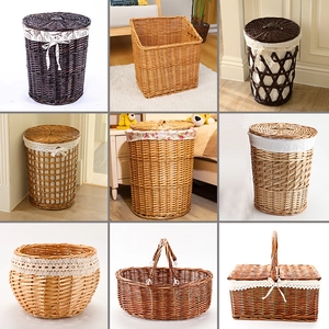 Hand Woven Willow Storage Basket With Fabric Lining Lace Trim Pastoral Style Rattan Desktop Sundries Organizer Bin