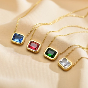 Rectangular Zircon Pendant Necklace Stainless Steel Colorful Square Gemstone Bezel Setting Minimalist Jewelry For Women