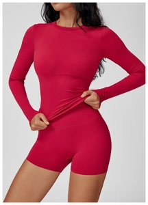 Detail of slim fit rose red long sleeve yoga top and high waist sports shorts set