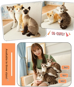 Detailed size comparison of plush cat toys in 26cm, 30cm, and 40cm lying positions