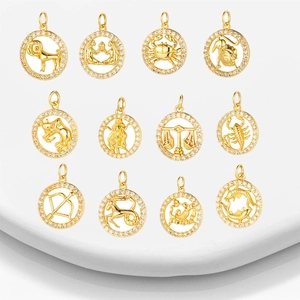 Zodiac Constellation Charms For Jewelry Making Round Hollow Copper Pendants With Cubic Zirconia Astrology DIY Accessories