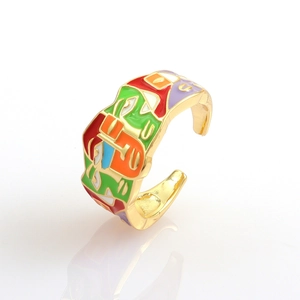 Golden hip-hop ring with colorful abstract enamel face pattern and open design for women