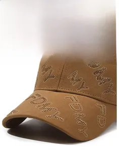 Detailed view of dark brown baseball cap with sparkling rhinestone FDMY letter design
