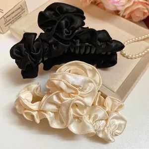 Elegant set of black and cream pleated satin fabric hair claw clips for women
