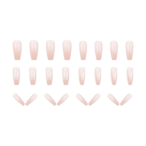 Lot de 24 faux ongles rose clair avec motifs de papillons, strass et lignes géométriques