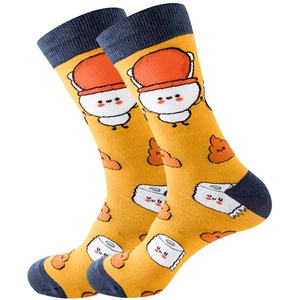 Funny toilet and tissue pattern crew socks in orange and navy blue cotton knit