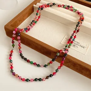 Bohemian faceted colorful agate stone bead necklace with handcrafted knotted rope detail
