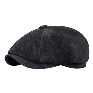 Classic black octagonal baker boy cap in matte faux suede with vintage eight-panel design