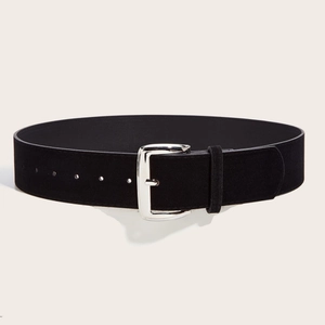 Classic wide black suede belt for women featuring a polished square silver metal buckle