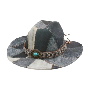 Distressed blue and white patchwork western cowboy hat with turquoise stone and metal detail