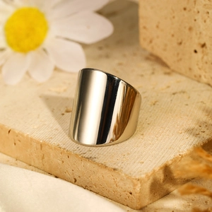 Detailed view of wide polished silver stainless steel ring on natural stone base