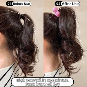 Pink elastic hair tie for high ponytail lift and volumizing before and after effect