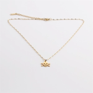 Polished gold stainless steel skull and crossbones pendant necklace with flat link chain
