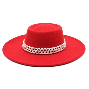Elegant red wool wide brim felt fedora hat with white pearl honeycomb band decoration