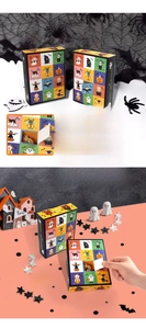Macro detail of Halloween 12-grid mystery box with pumpkin and ghost pattern