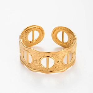Adjustable gold stainless steel open ring with hammered texture and hollow oval cutout