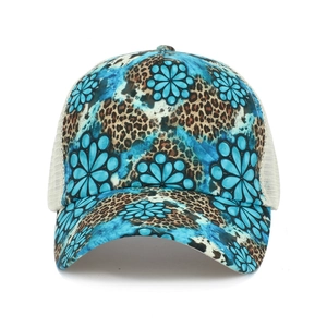 Criss-cross ponytail baseball cap with blue ink and leopard print on white mesh