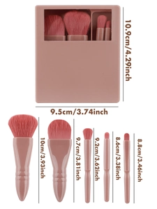 Detailed size chart for the 5-piece portable makeup brush set in a pink mirrored box
