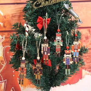 Set of 6 colorful printed wooden Nutcracker soldier ornaments on a Christmas tree
