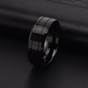 Minimalist black tungsten ring for men with parallel grooves on black leather