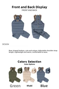Detail of quilted pet overalls with bear-shaped buttons and adjustable straps in three colors