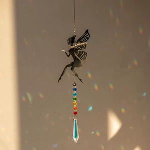 Hanging metal fairy crystal sun catcher with colorful chakra beads and rainbow prism