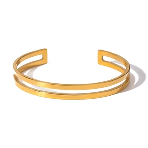 Modern 18k gold plated stainless steel double line open bangle with hollow geometric detail