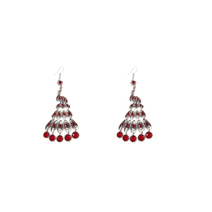 Vintage peacock drop hook earrings with red rhinestones and silver finish for women