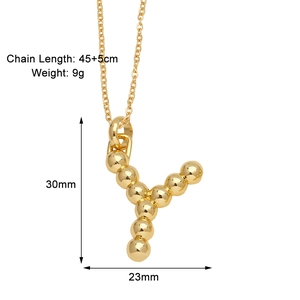 Detail view of 18K gold plated letter Y pendant with 45cm ball chain dimensions